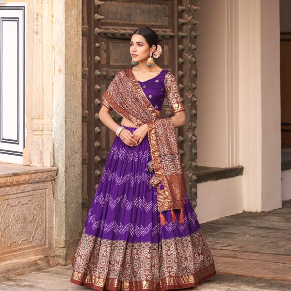 Lehenga Choli Tusser Silk, with Ajarakh Prints