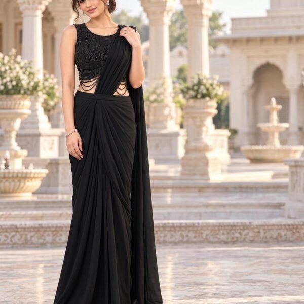 Black Pre-Draped Saree With Beaded Blouse